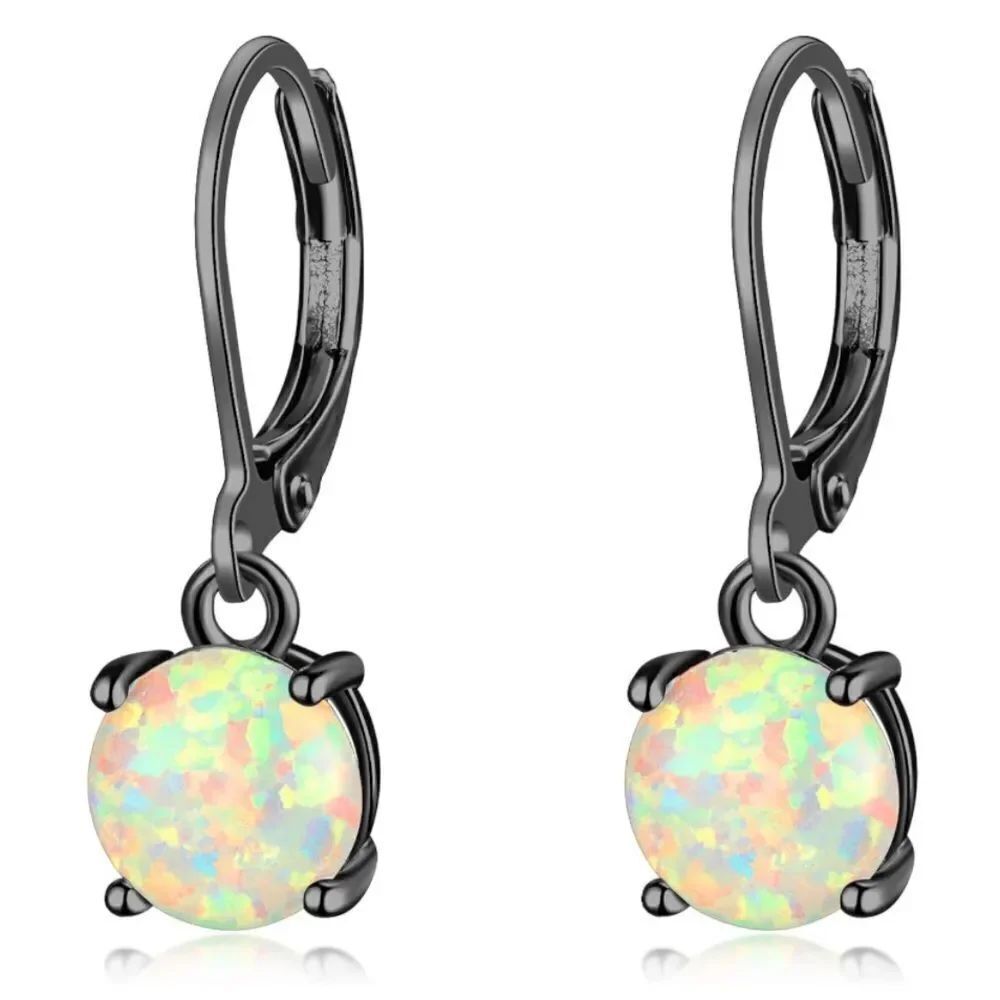 14K Black Gold with Round Genuine White Fire Opal Hoop Leverback Drop Earrings